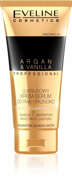 Eveline Cosmetics Luksusowy krem + serum do rąk i paznokci Argan&Vanilla LIFESTYLE, Uroda - Innowacyjna formuła Luksusowego kremu+ serum do rąk i paznokci Argan & Vanilla zwalcza siedem najważniejszych problemów skóry dłoni i paznokci. Błyskawicznie przynosi ulgę nawet najbardziej suchej skórze, a ciepły aromat wanilii zapewnia skórze chwile odprężenia i relaksu.
